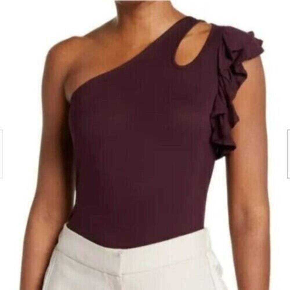 H by Bordeaux Tank Top Women's One-Shoulder Ruffled Burgundy Medium